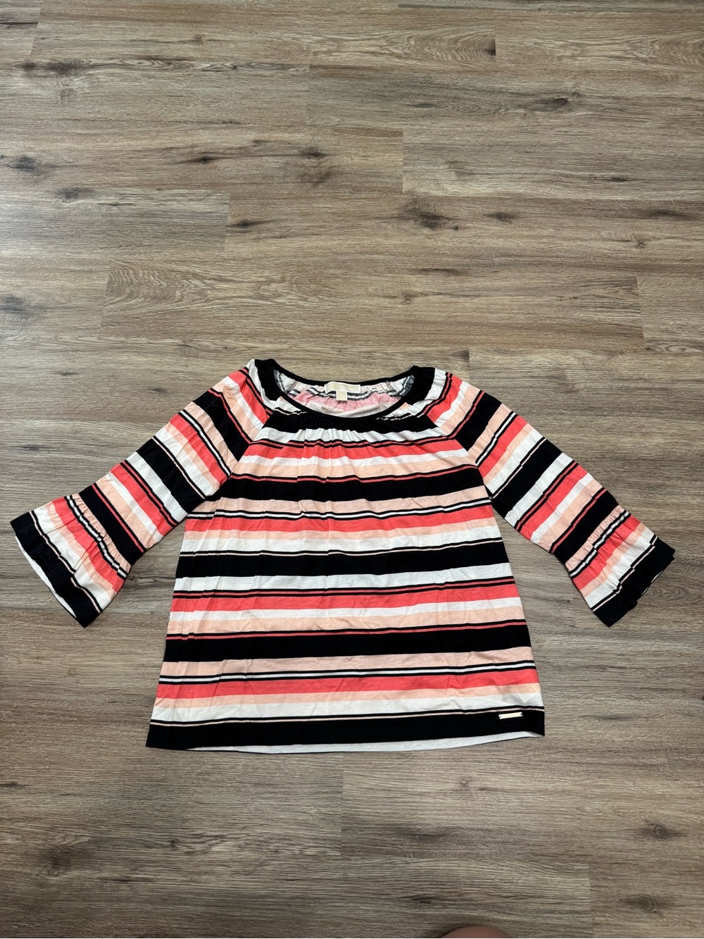 MICHAEL Michael Kors Coral, Black & White Striped Bell-Sleeve Top